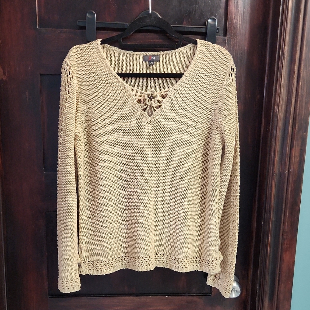 Exist Beige V-Neck Sweater with Crochet Accents